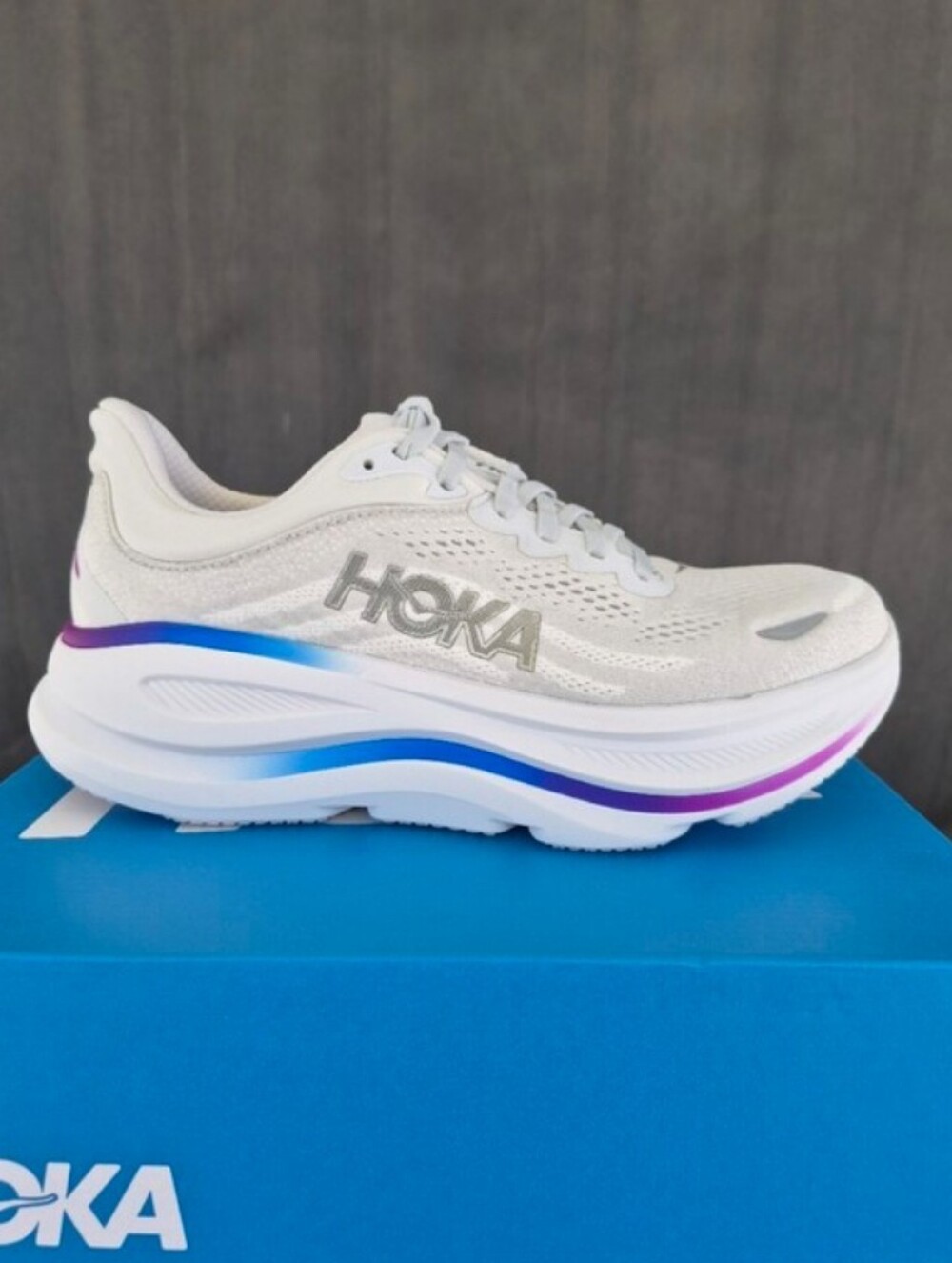 Hoka Bondi One One 9  Women's White Running Shoe with Blue and Purple 💜 Width B